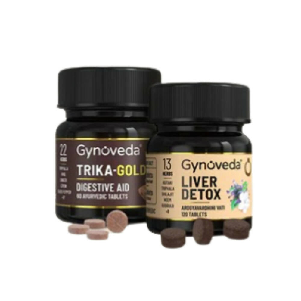 Gynoveda Gut Health Liver Detox + Trika-Gold Ayurvedic Tablets Combo | Grocsy