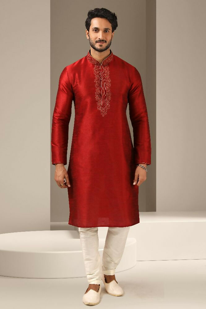 Raivat Ethnic Banarasi Art Silk Thread Work Kurta Pajama In Maroon Colour | Grocsy