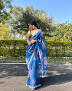 Vamsee Sia Blue Organza Saree | Grocsy