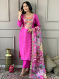Partywear Designer Viscose Chanderi Pink Stitched Suit With Dupatta - Tanisha | Grocsy