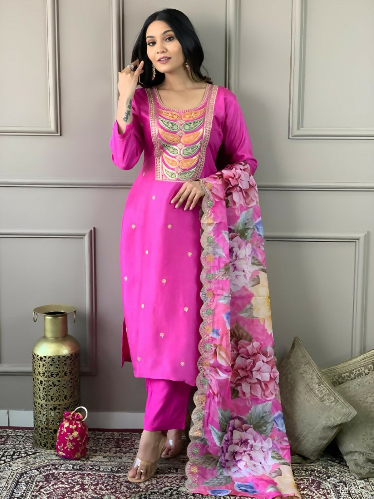 Partywear Designer Viscose Chanderi Pink Stitched Suit With Dupatta - Tanisha | Grocsy