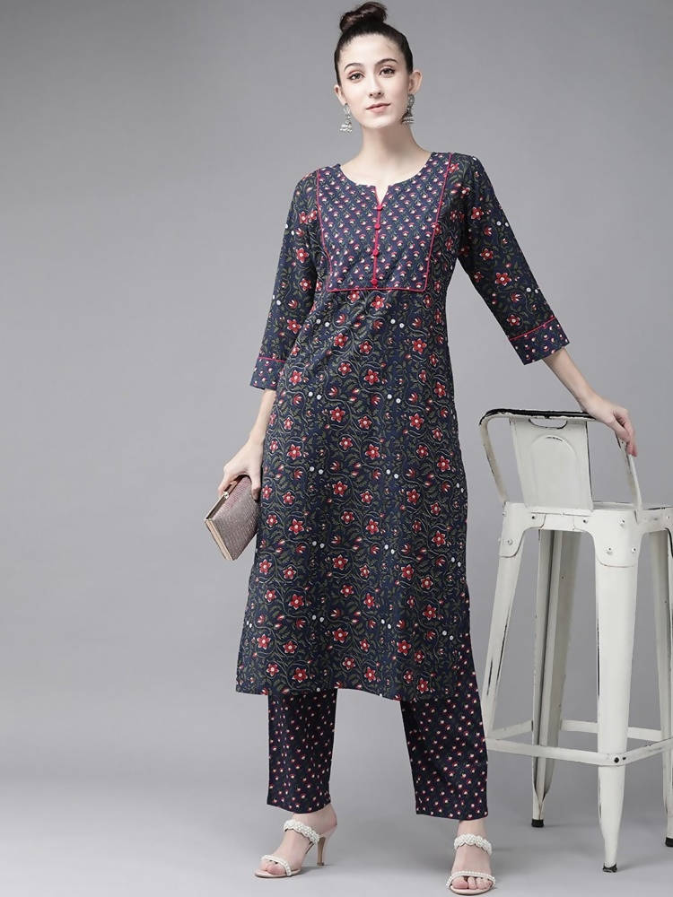 Yufta Women Navy Blue & Pink Ethnic Motifs Printed Pure Cotton Kurta with Trouser | Grocsy