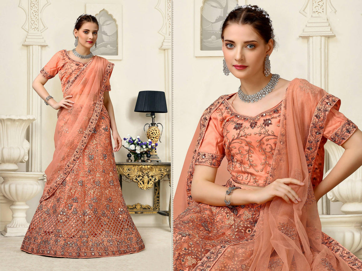 Orange Net Fancy Zari Embroidered work Lehenga Choli with Dupatta - Heer | Grocsy