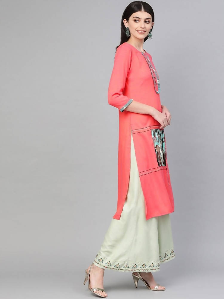 Yufta Women Pink Quirky Embroidered Straight Kurta | Grocsy