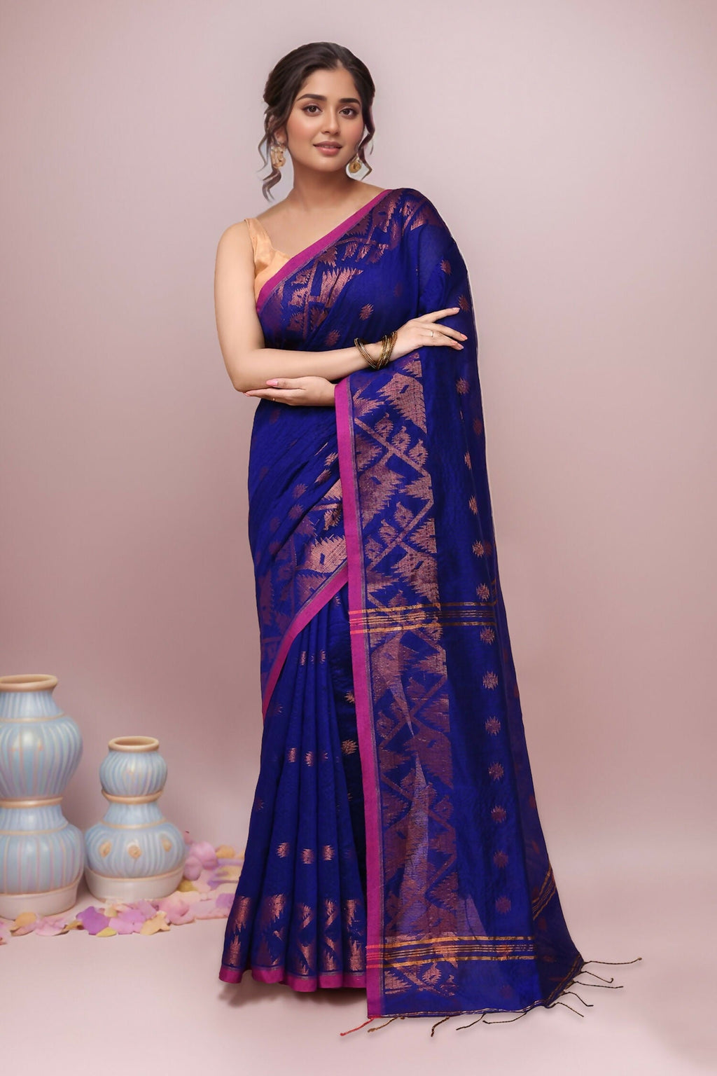 Joban Fashion Blue Cotton Blend Handloom Saree | Grocsy