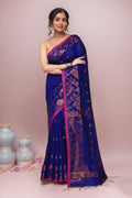 Joban Fashion Blue Cotton Blend Handloom Saree | Grocsy