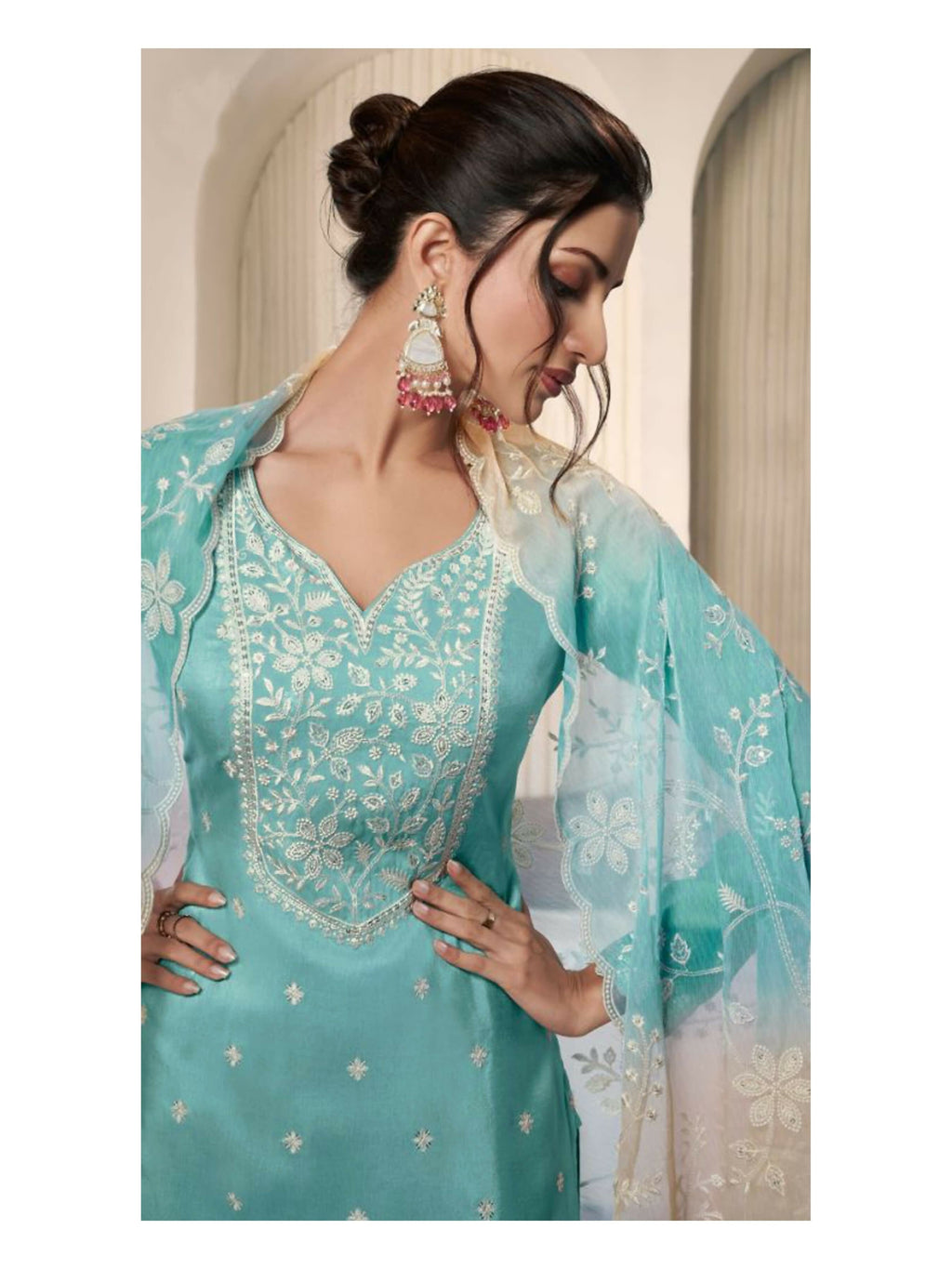 Anaita Sky Blue Moonga Silk Stitched Suit with Embroidery Sequence Work | Grocsy