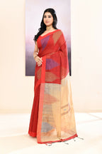 Piyari Fashion Women's Maroon Temple Border Embellished Cotton Blend Jamdani Saree | Grocsy