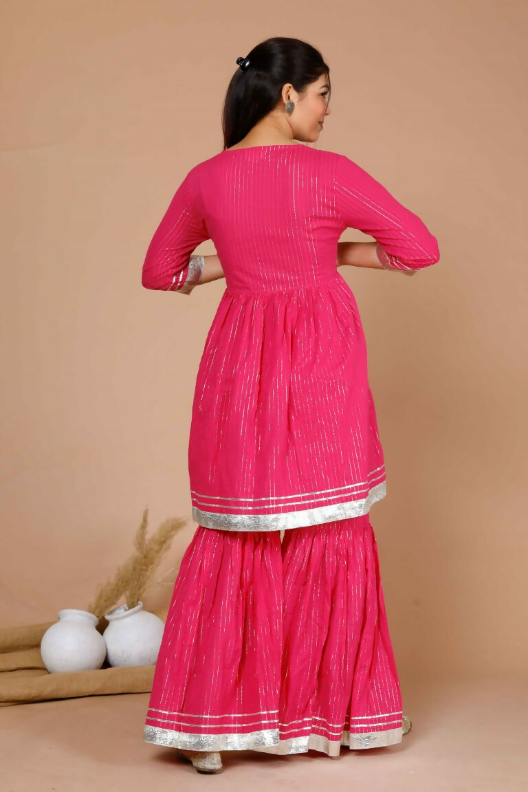 Miravan Women's Pink Printed A-Line Gotta Patti Lurex Cotton Kurti With Sharara | Grocsy
