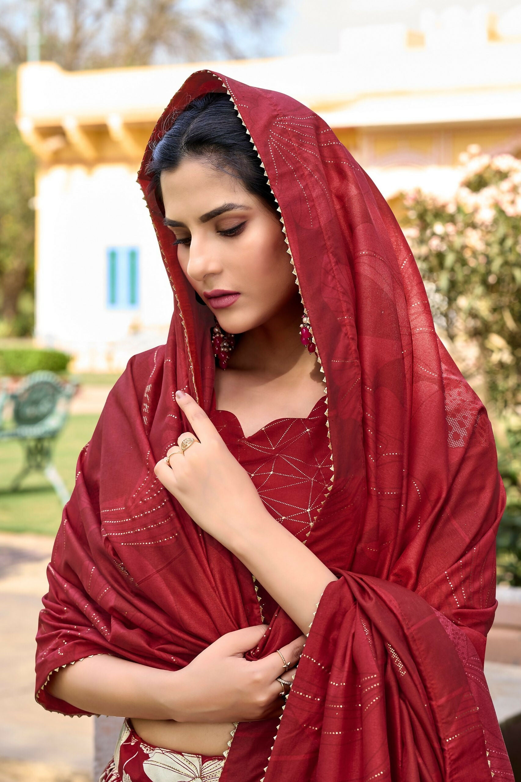 Vastranavya Ethnic Look Tussar Silk Floral Printed With Foil Work Indian Lehenga Choli - Red | Grocsy