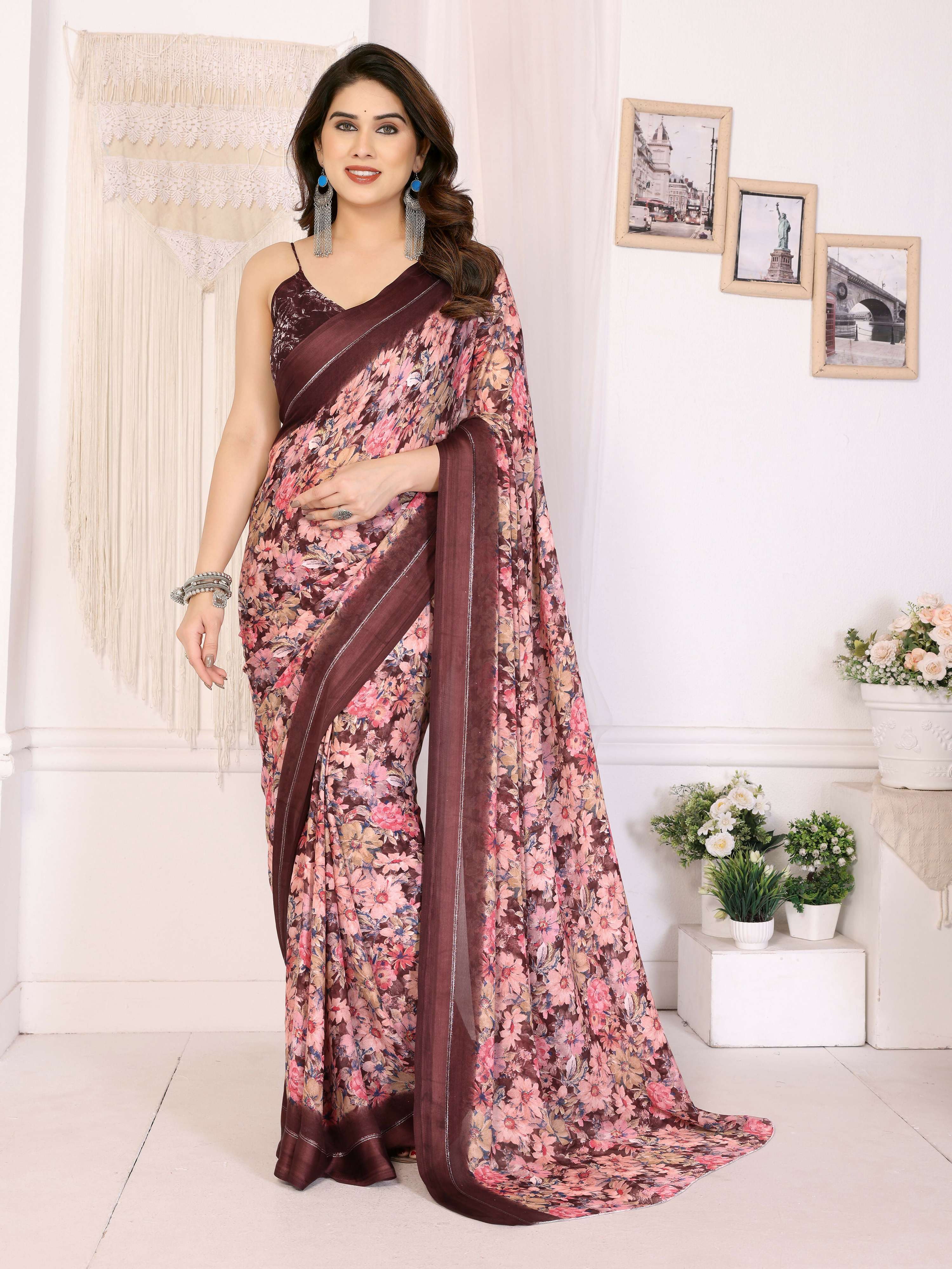 PR Fashion Maroon Bright Moss Satin Patta Printed Saree | Grocsy