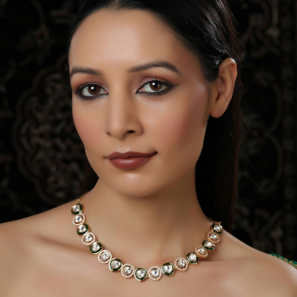 Kundan and Diamond Neckpiece with Meenakari (Gold) - Ruby Raang | Grocsy