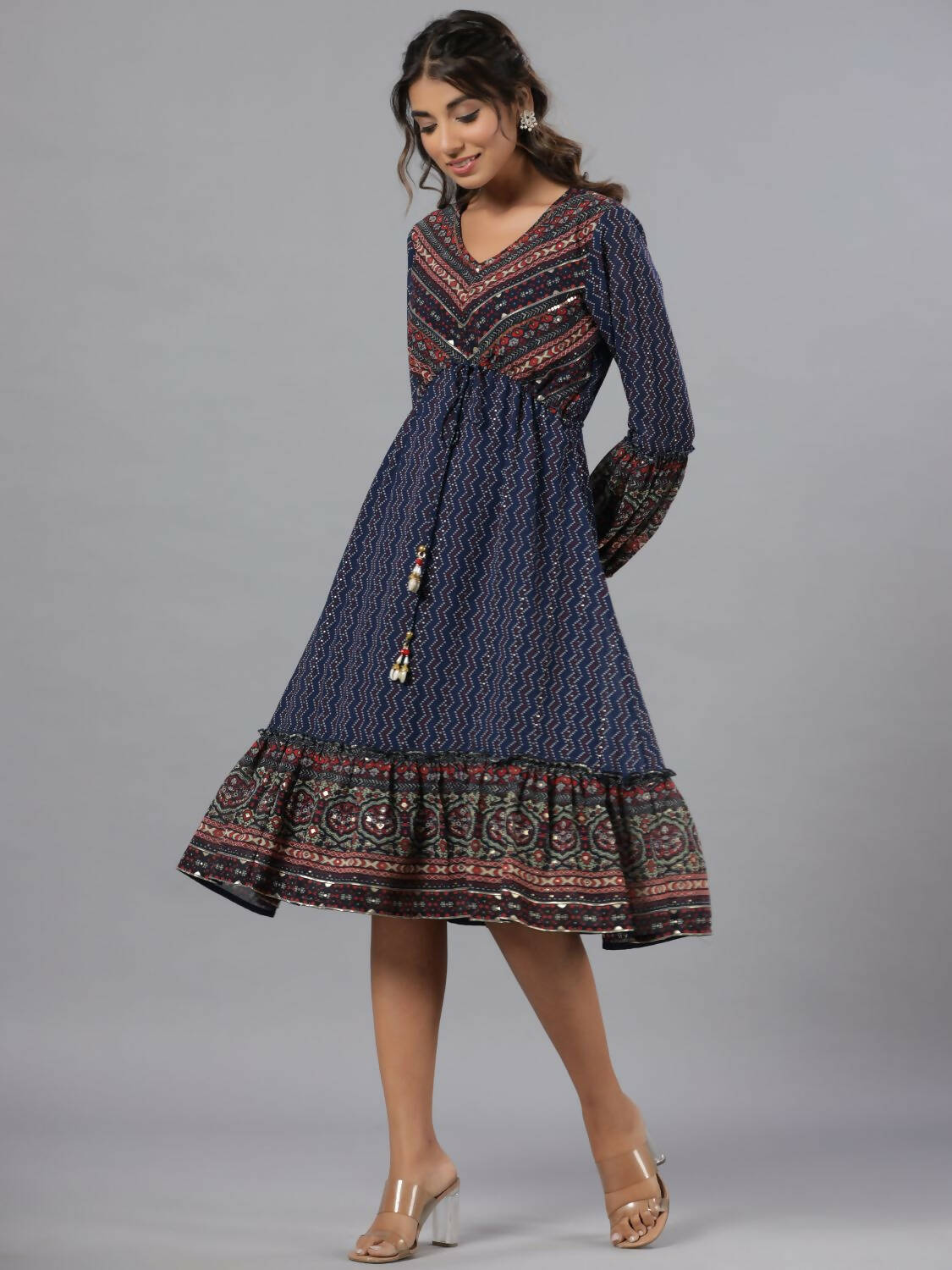 Juniper Women Navy Blue Georgette Printed Midi Dress | Grocsy