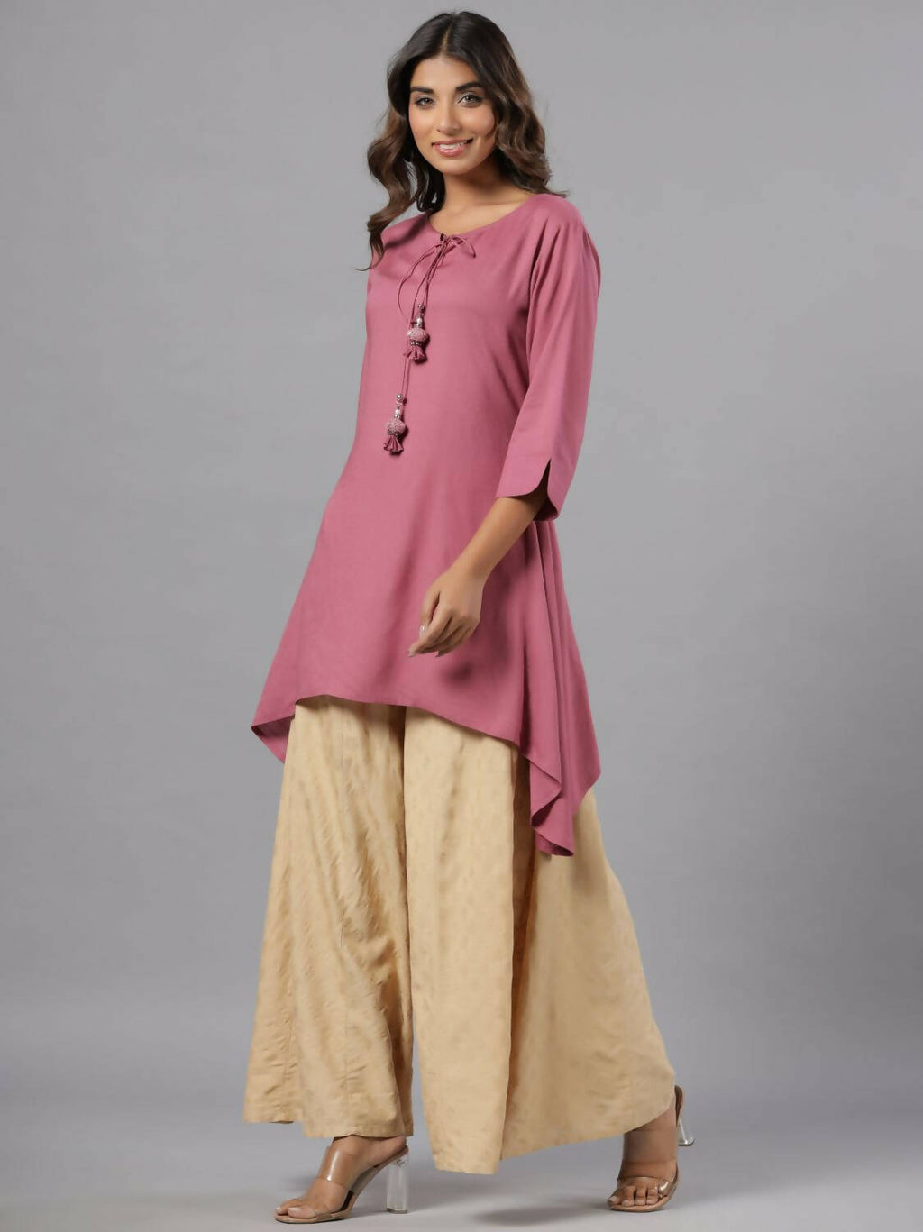 Juniper Women Mauve Rayon Solid Asymmetric Kurta | Grocsy