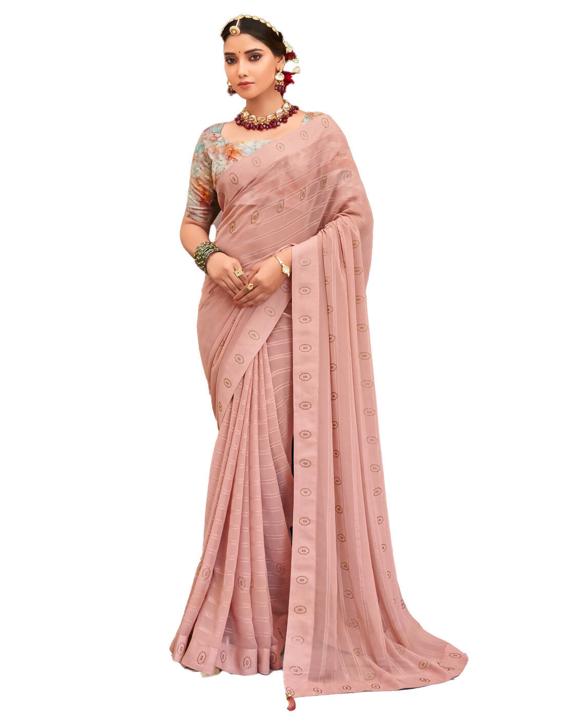 Peach Georgette Swaroski Work Saree With Unstitched Blouse Piece - Juhi | Grocsy
