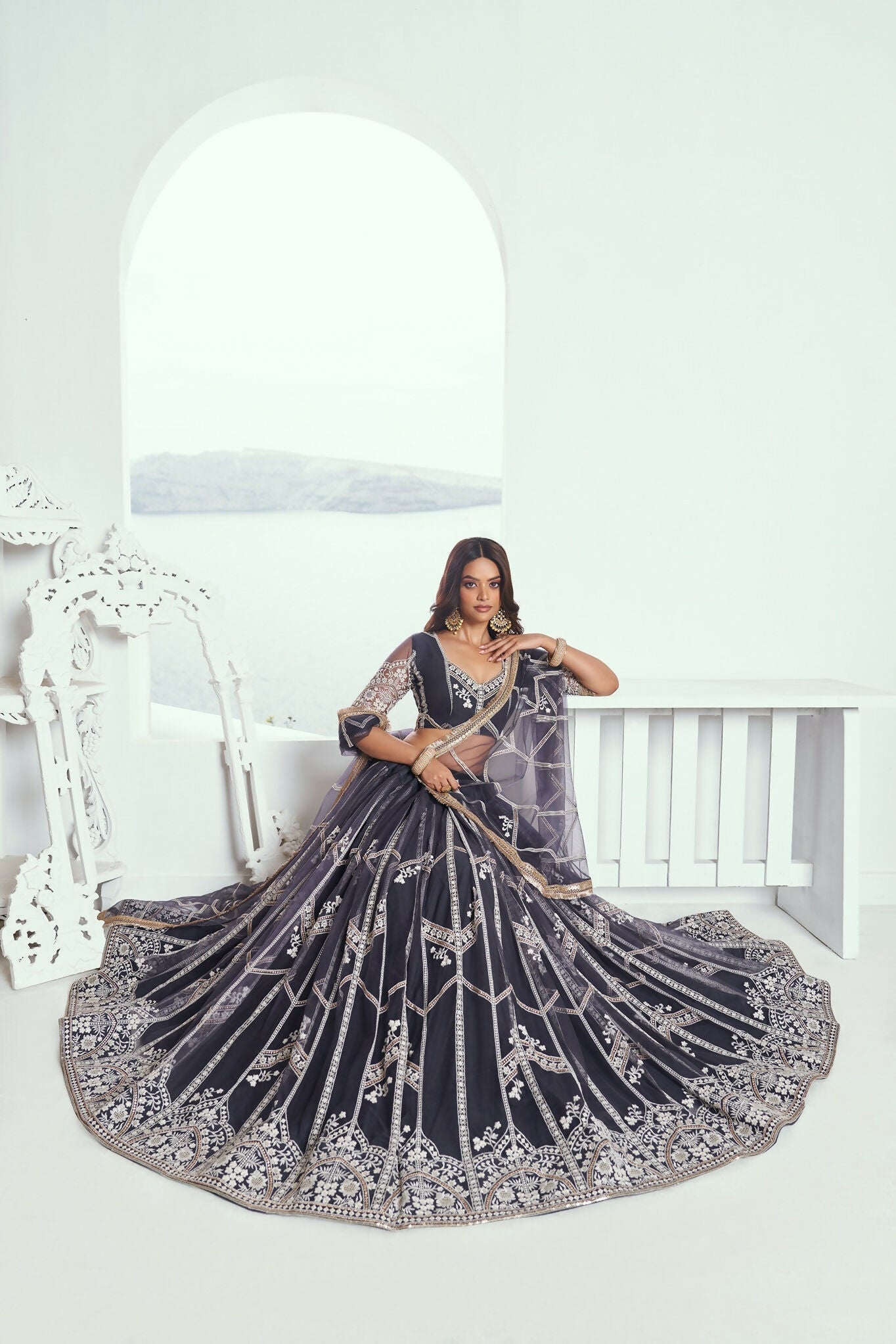 Eilara Appealing Dark Gray Net With Embroidered And Thread Zari Sequence Party Wear Lehenga Choli | Grocsy
