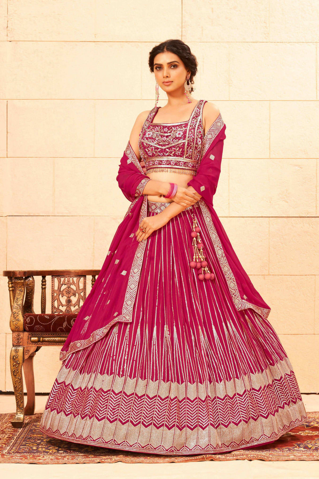 Pink Faux Georgette Embroidery sequence work Lehenga Choli with Dupatta - Dhvani | Grocsy