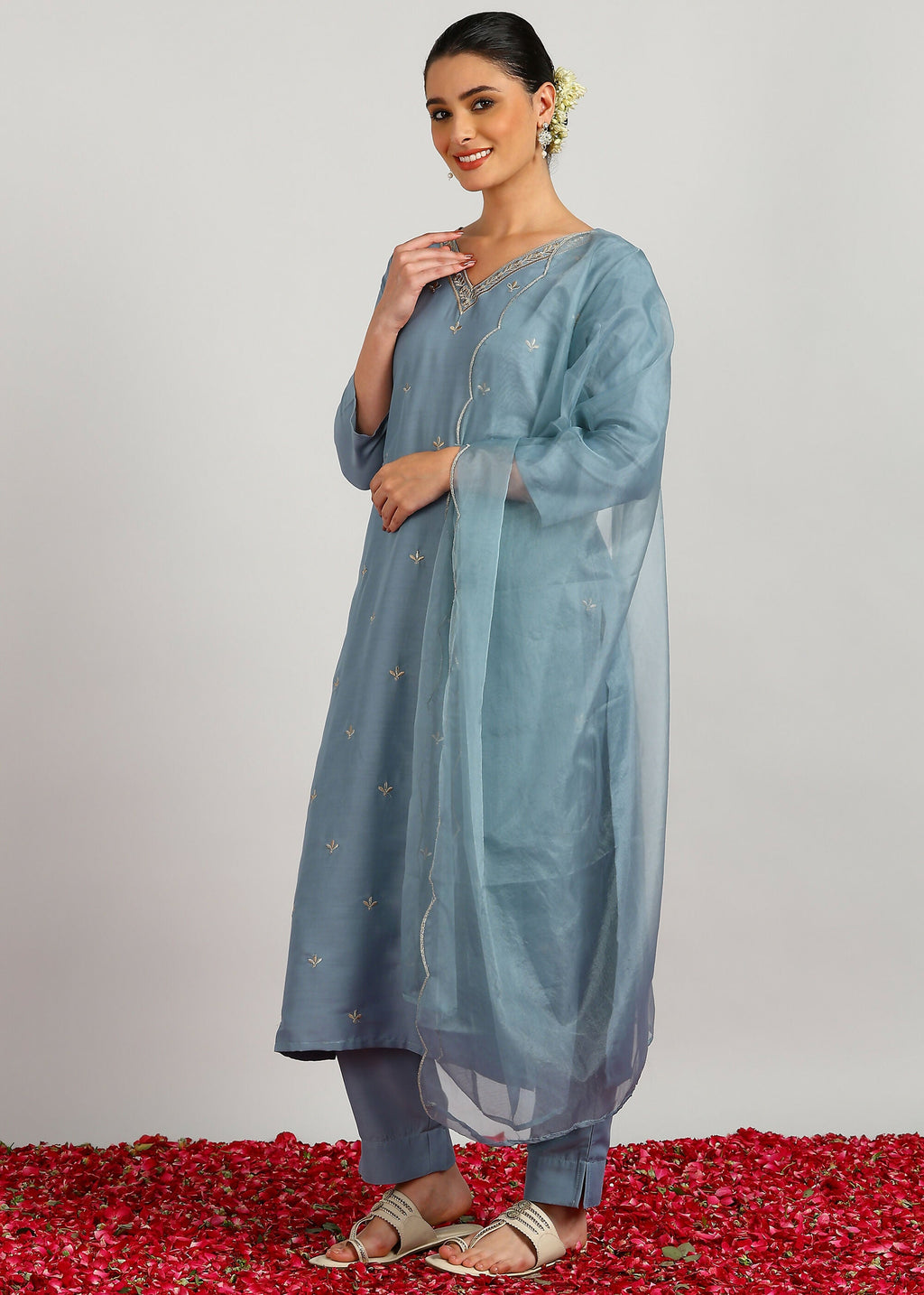 Aavyora Women's Sky Grey Embroidered Kurta Set with Dupatta | Grocsy