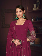 Jyoti Fashion Women's Rani Pink Georgette Embroidered Anarkali Kurta Pant Set With Dupatta | Grocsy
