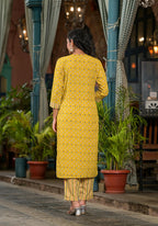 Juniper Women's Mustard Ethnic Motif Printed Cotton Kurta Pant And Dupatta Set With Mirror work & Sequins | Grocsy