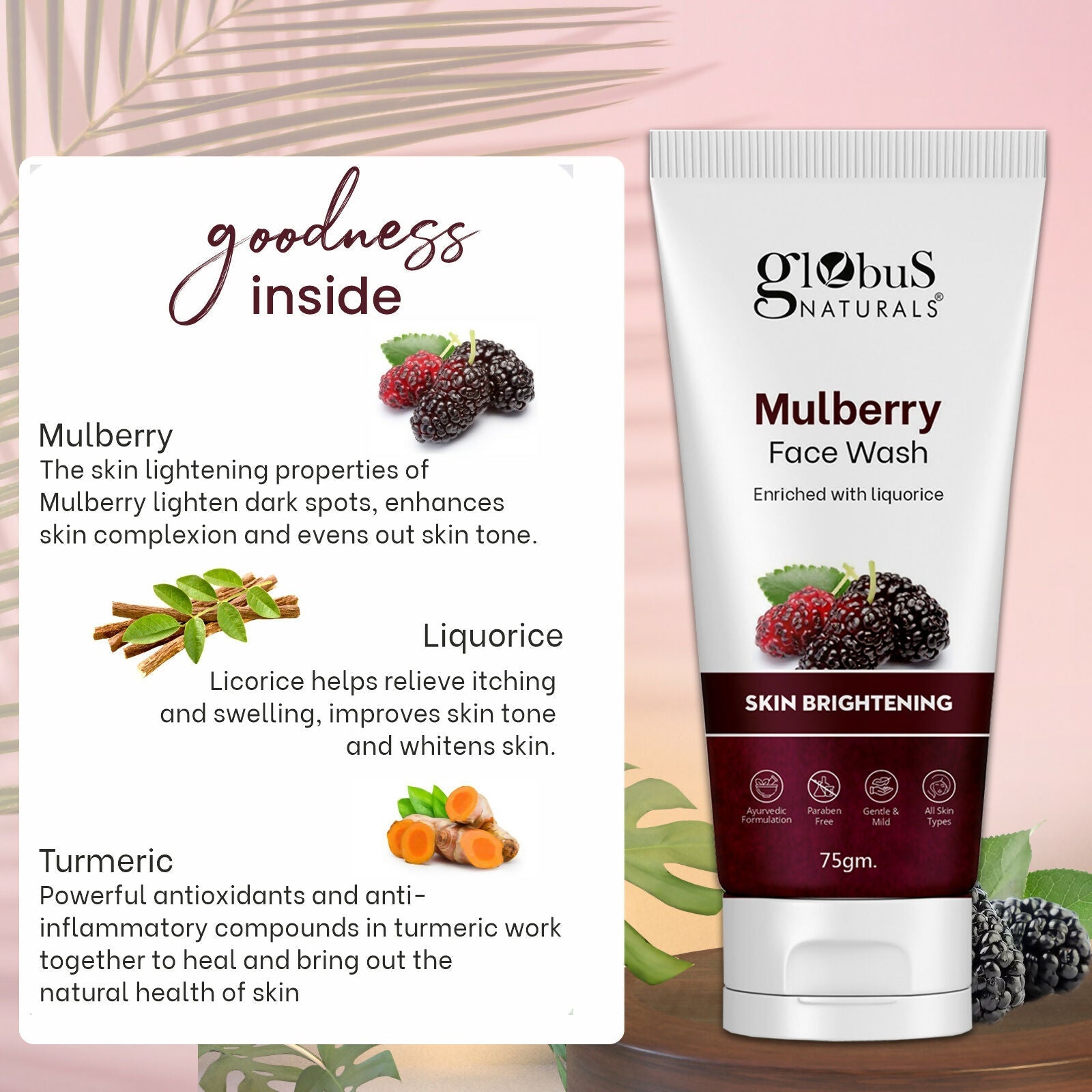 Globus Naturals Mulberry Fairness Face Wash, Suitable For All Skin Types | Grocsy