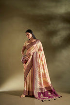 Joban Fashion Cream & Light Pink Plain With Weaving Border Banarasi Silk Sarees | Grocsy