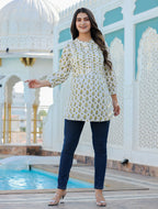 Kaajh Women's Yellow-White Floral Hand Block Printed Cotton Top | Grocsy