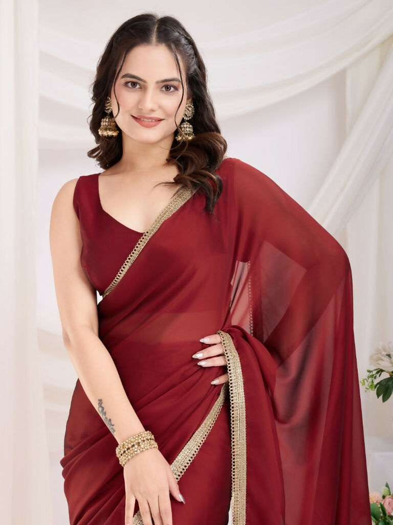 Maroon Rangoli Silk Solid, Lace Border Ready To Wear Saree - Kashvi | Grocsy