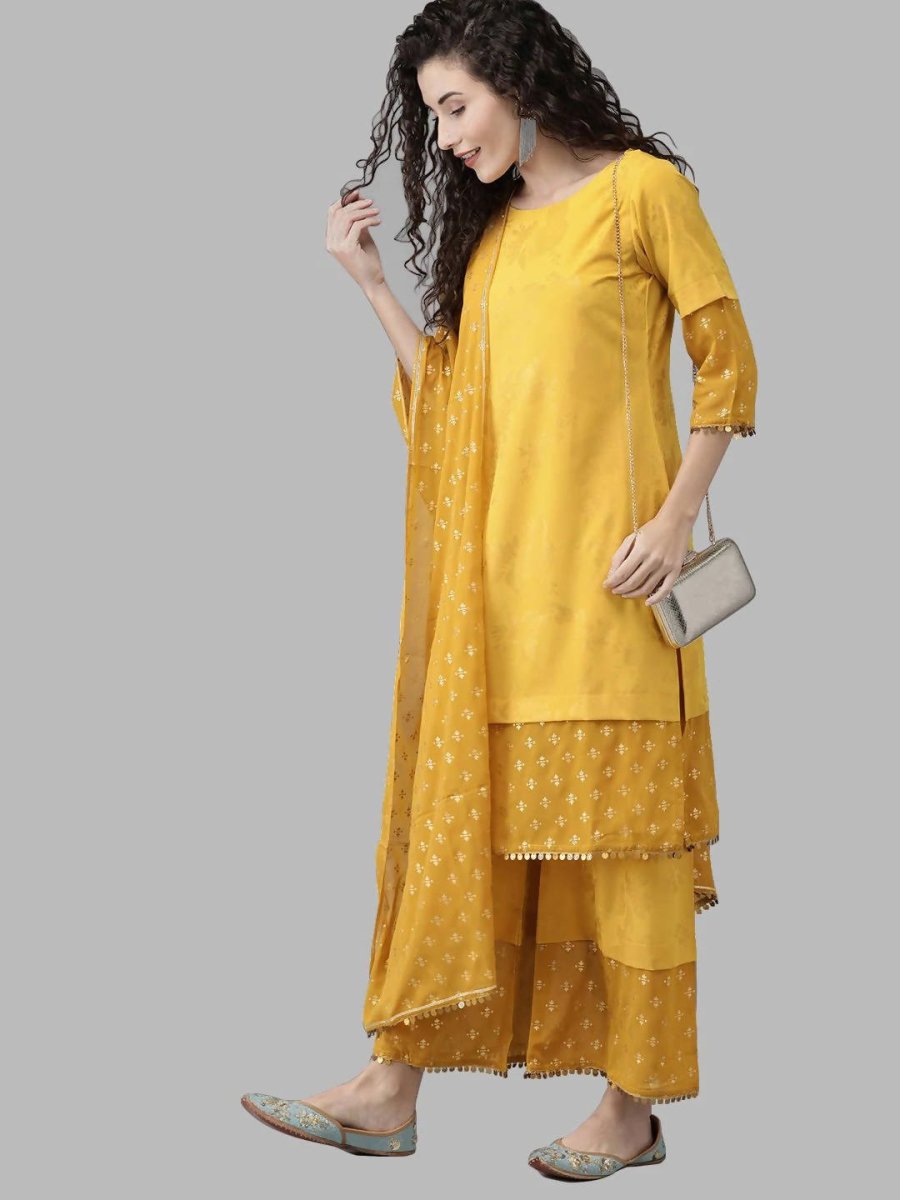 Ahalyaa Women Mustard Crepe Printed Kurta Palazzo Set With Dupatta | Grocsy