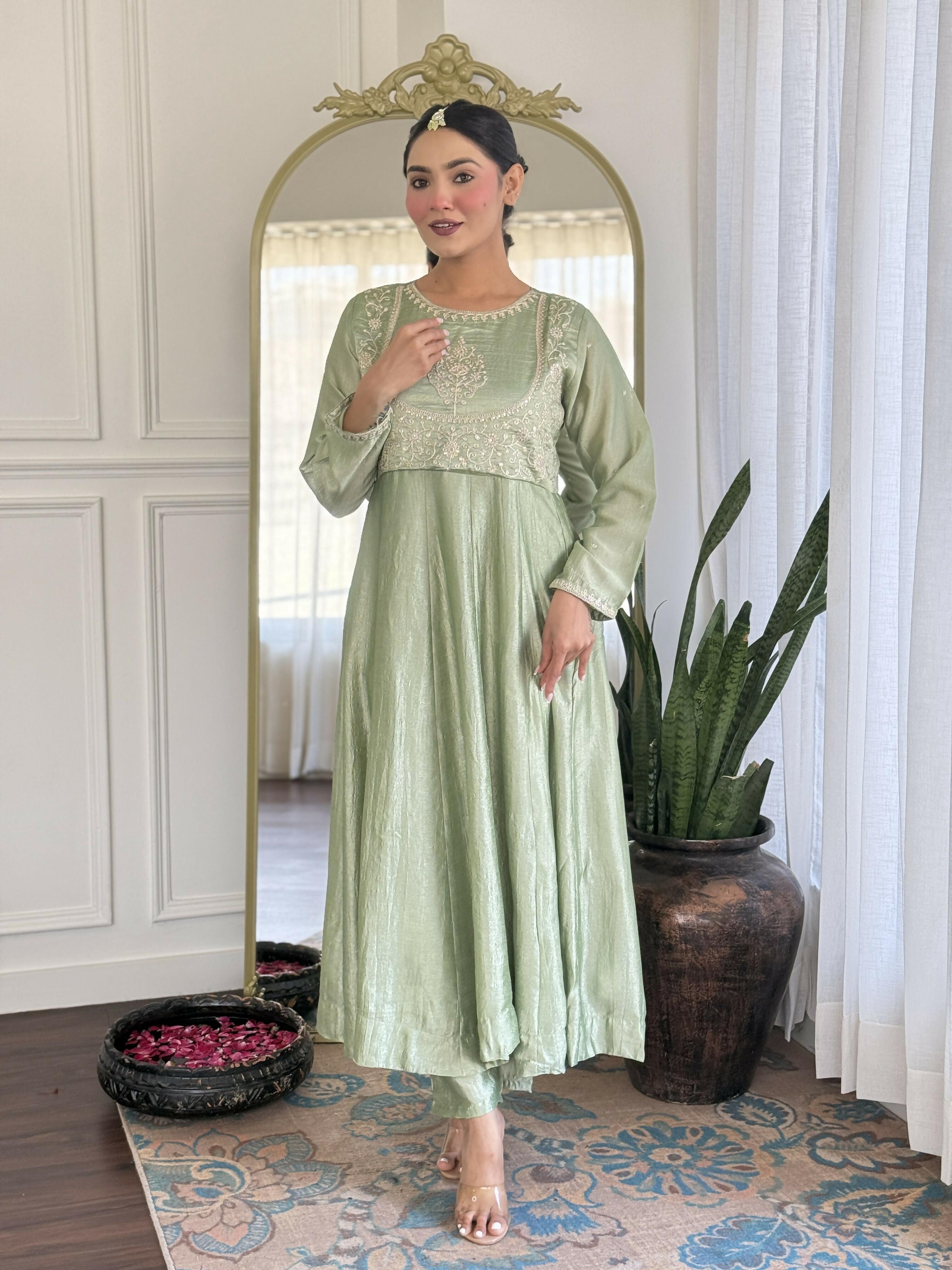The52 Women's Beautiful Vichitra Silk Fabric Embroidery Work Flared Anarkali Pant and Dupatta Set | Grocsy