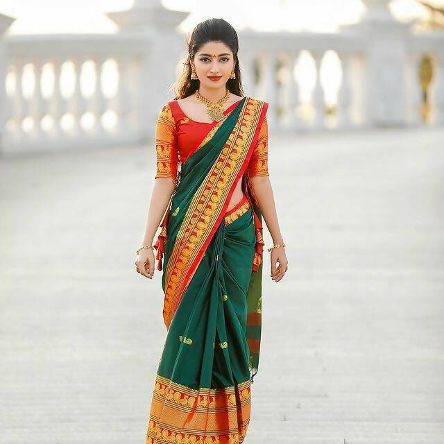 DEIANA'S Beautiful Designer Golden zari Soft Lichi Silk Saree - Green | Grocsy