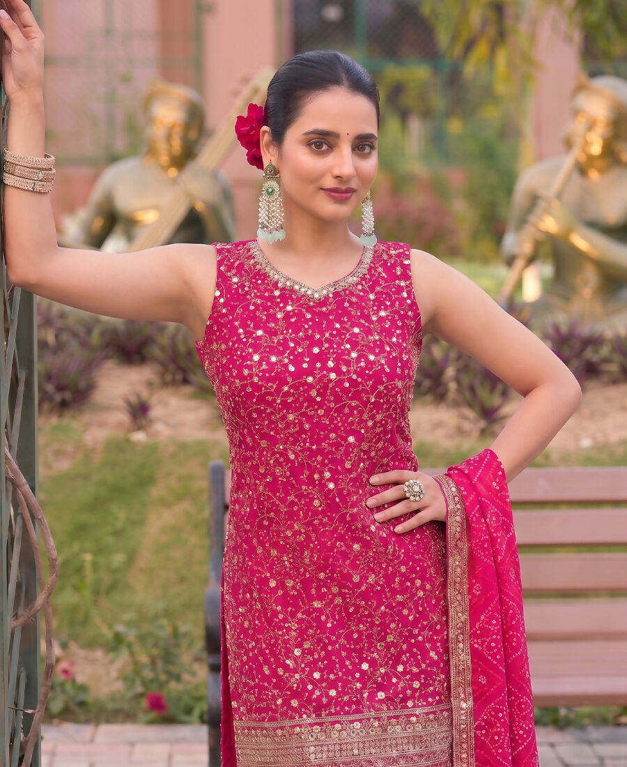 KC Pink Bandhani Printed Heavy Emrboidery Worked Sharara Suit Ethnic Wear | Grocsy