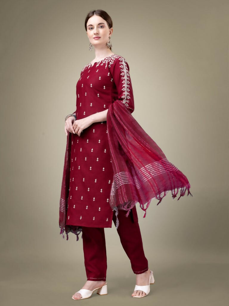 Jyoti Fashion Women's Maroon Cotton Blend Embroidery & Sequence work Kurta with Trouser & Dupatta | Grocsy