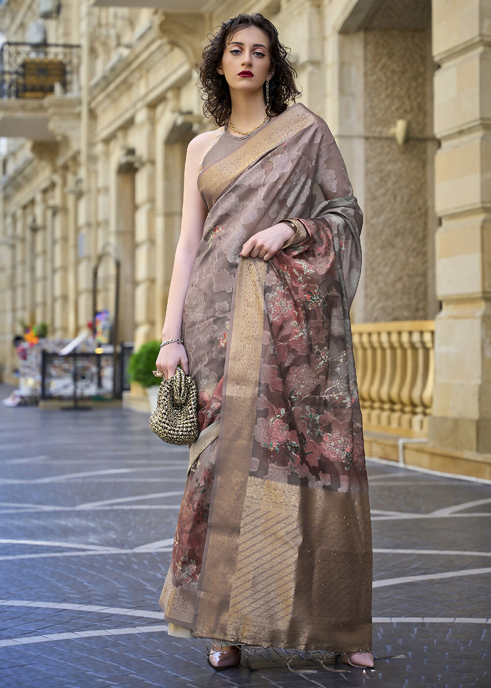 Lovely Brown & Grey Polly Brasso Designer Saree - Emponline | Grocsy