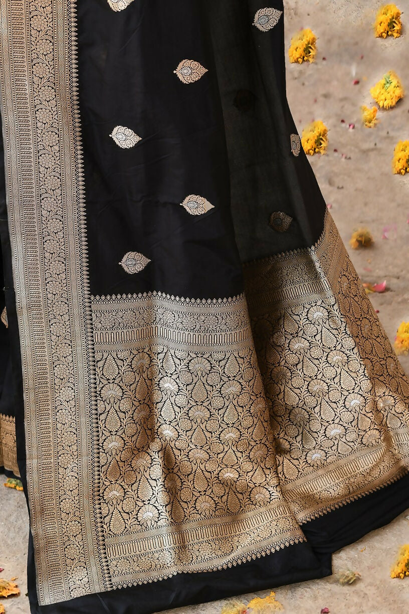 Joban Fashion Black Pure Katan Pure Handloom Banarasi Silk Saree | Grocsy