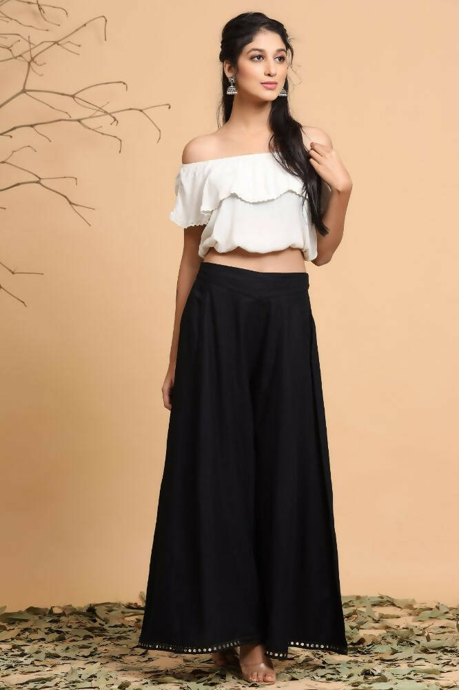 Juniper Women Black Rayon Solid Flared Palazzo | Grocsy