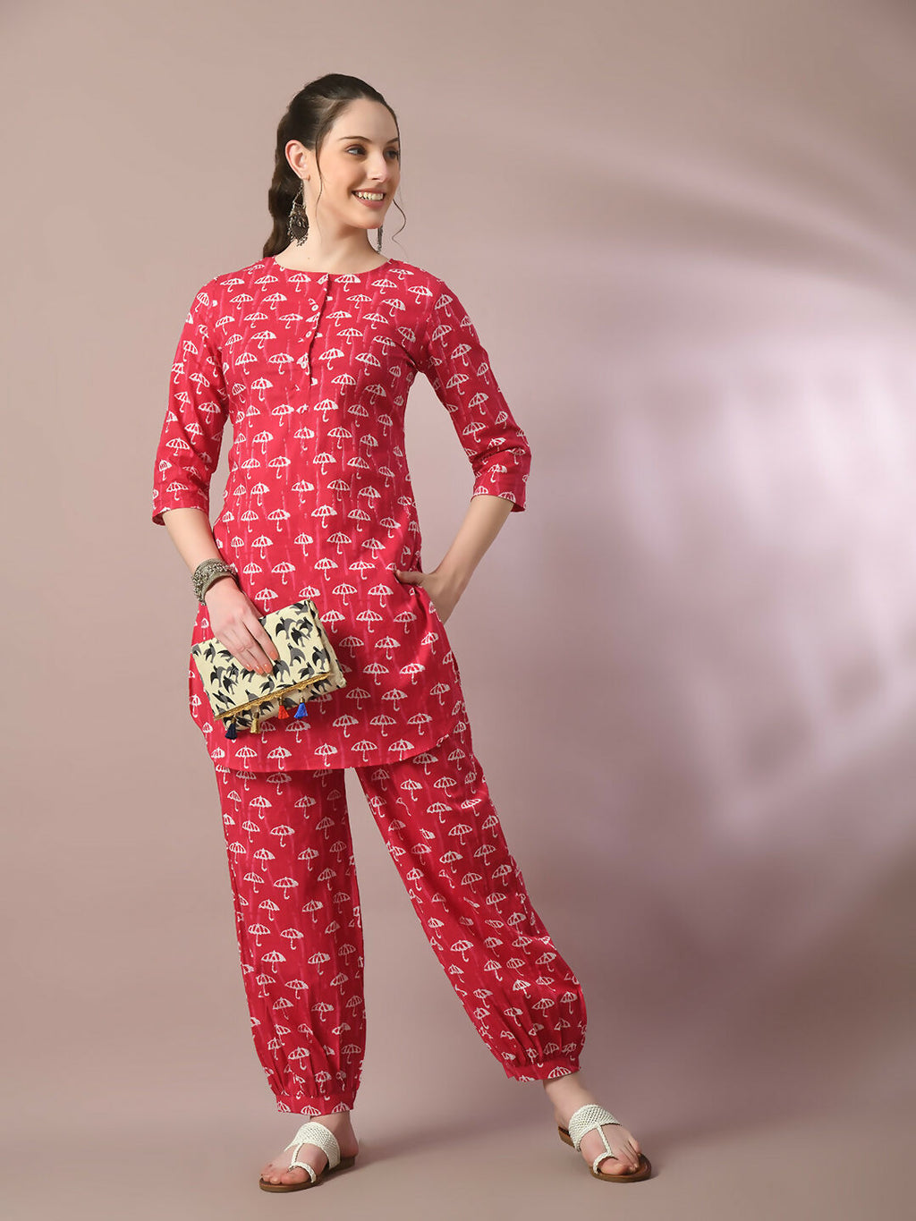Myshka Women's Pink Printed Cotton Round Neck Party Tunic With Trousers Co-ord set | Grocsy