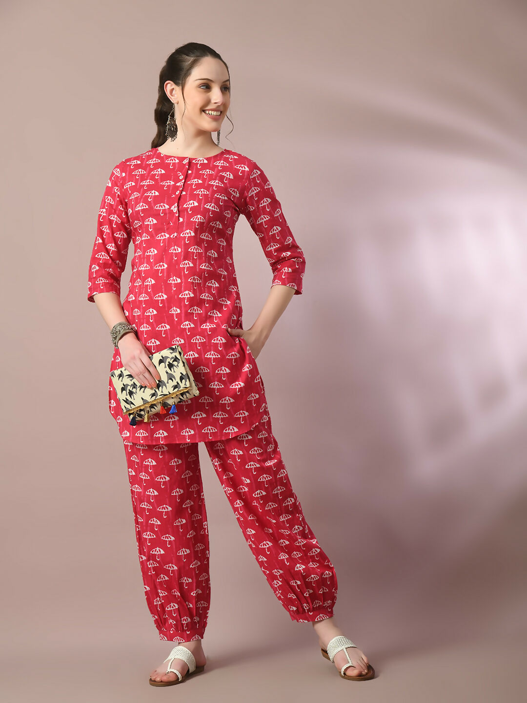 Myshka Women's Pink Printed Cotton Round Neck Party Tunic With Trousers Co-ord set | Grocsy