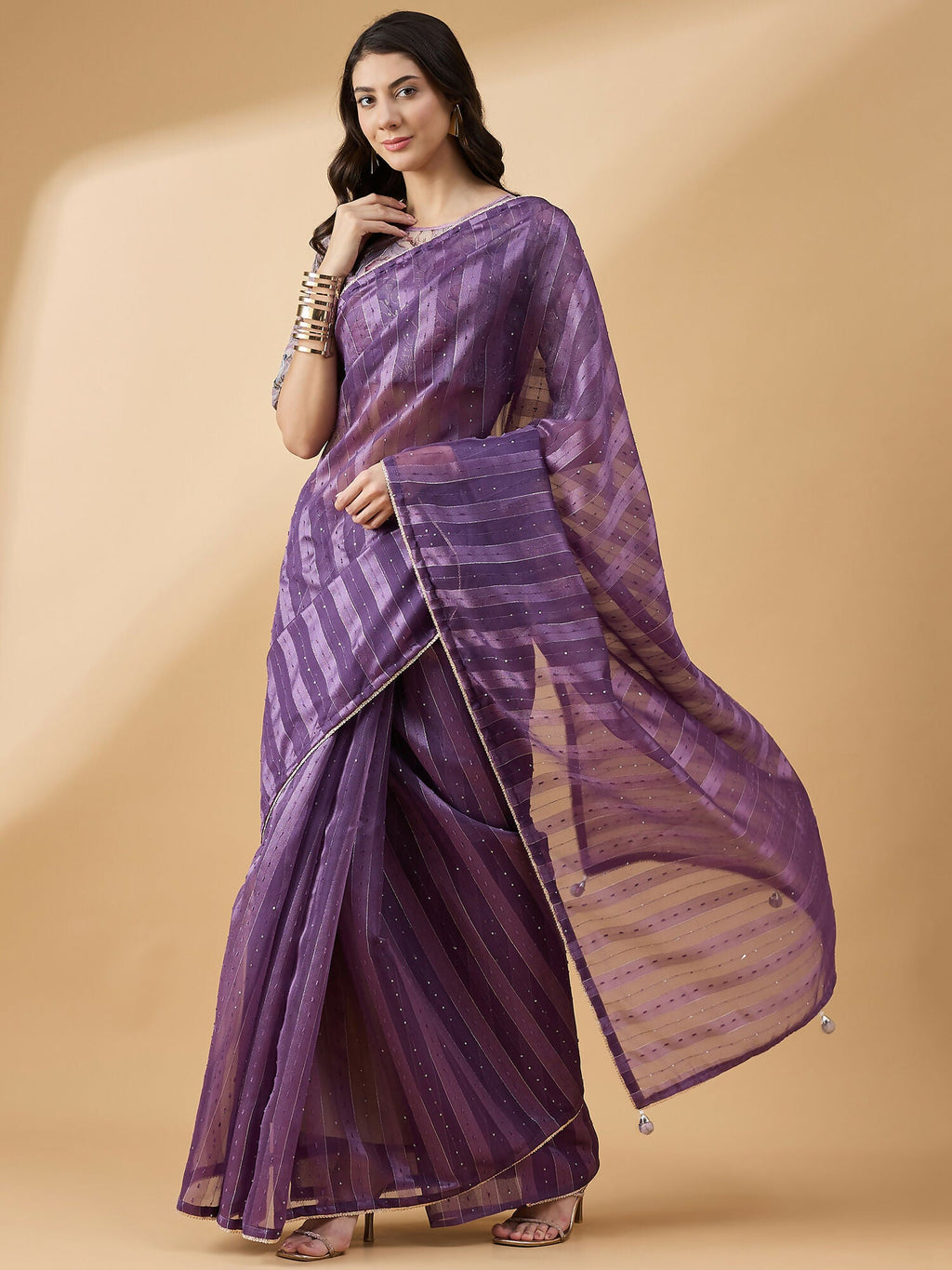 Purple Cotton Blend Sequence Work Saree with Stitched Blouse - Dharavi | Grocsy