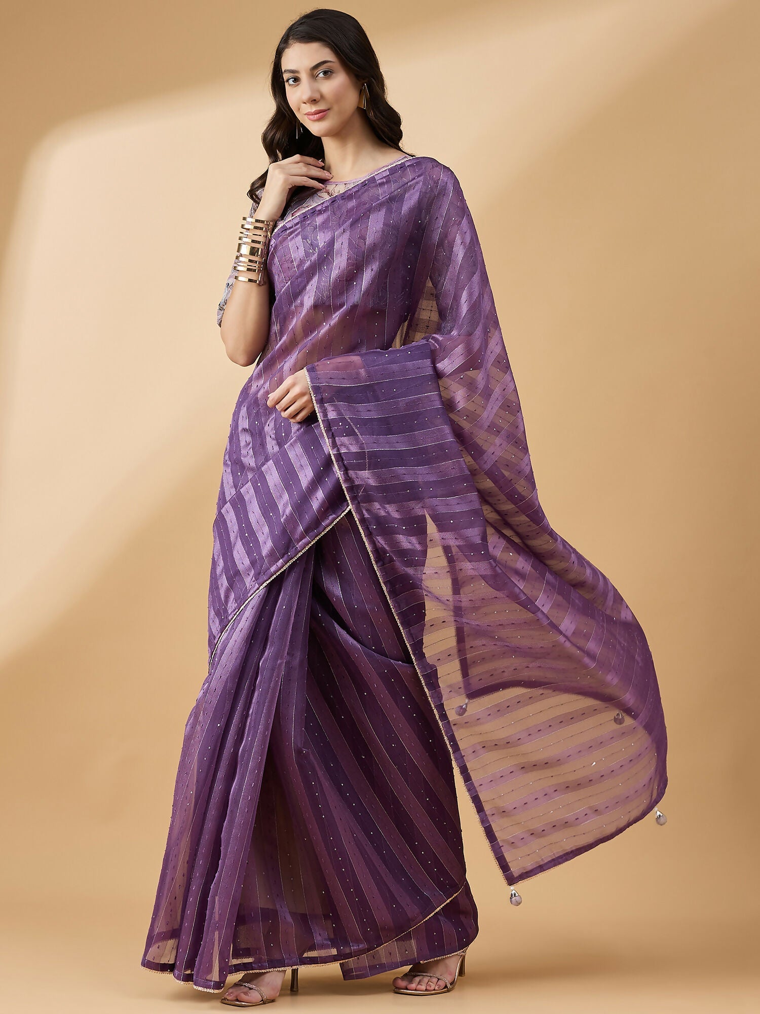 Purple Cotton Blend Sequence Work Saree with Stitched Blouse - Dharavi | Grocsy