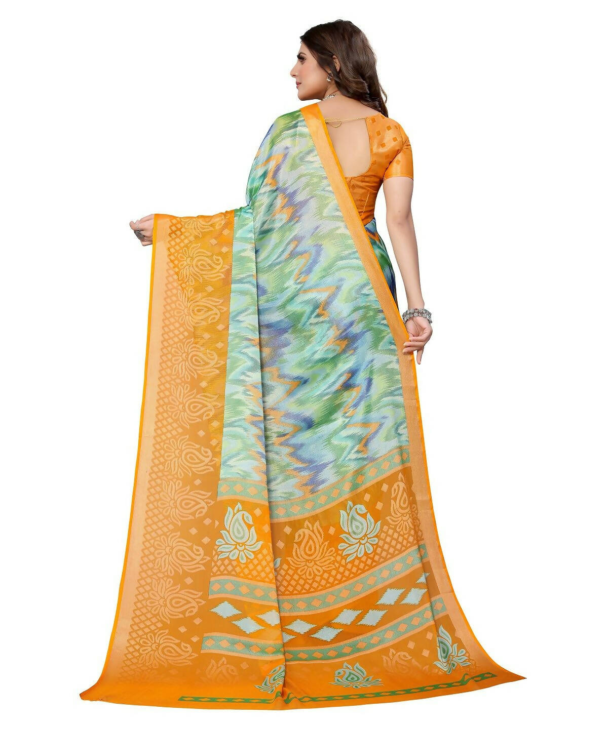Vamika Green Chiffon Brasso Bollywood Style Woven Saree (KARUNA YELLOW) | Grocsy