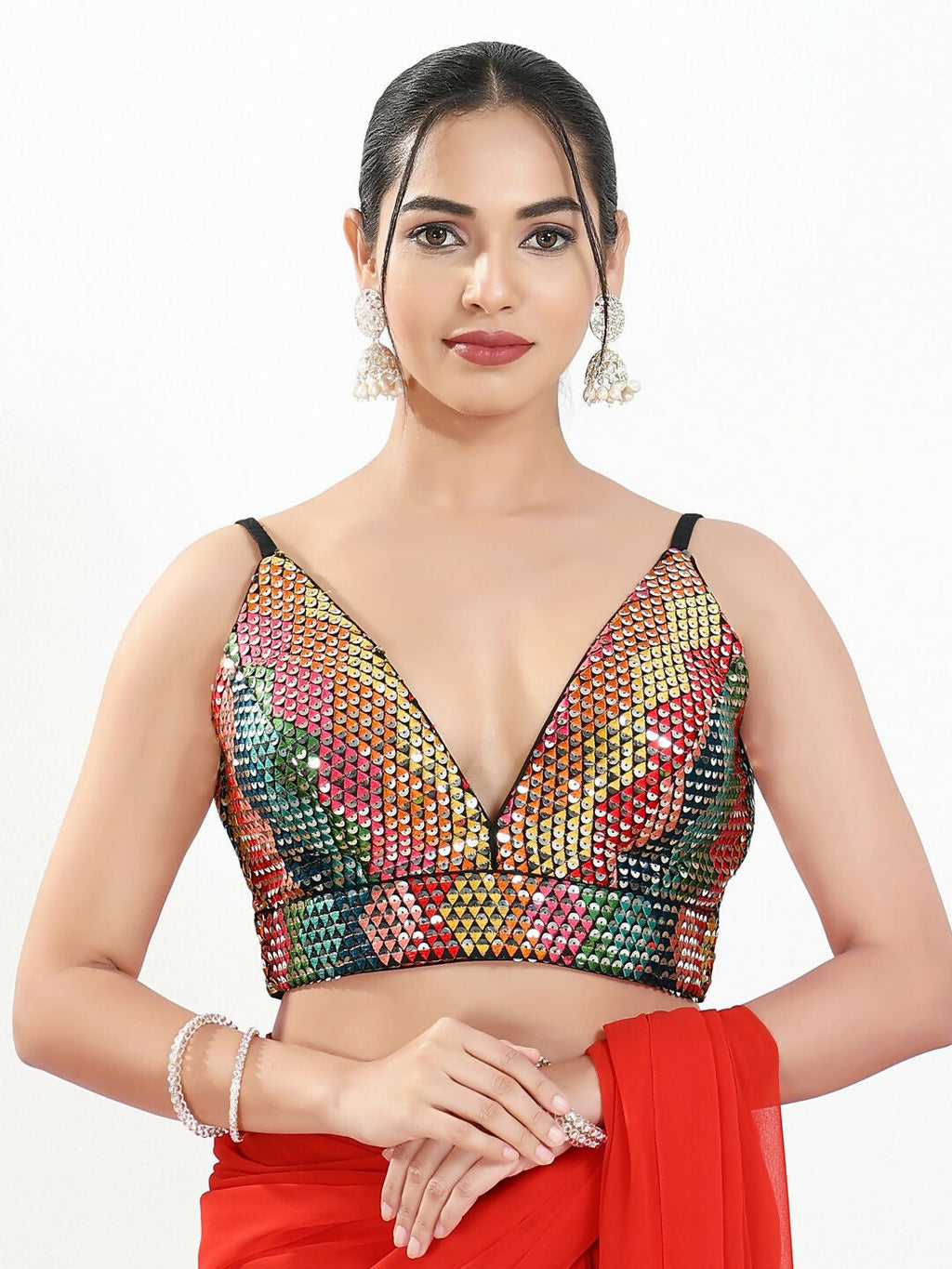 Joban Fashion Black Multi Sequin Padded Blouse With V Neck Sleeveless | Grocsy