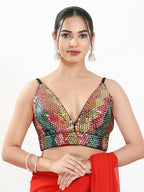 Joban Fashion Black Multi Sequin Padded Blouse With V Neck Sleeveless | Grocsy