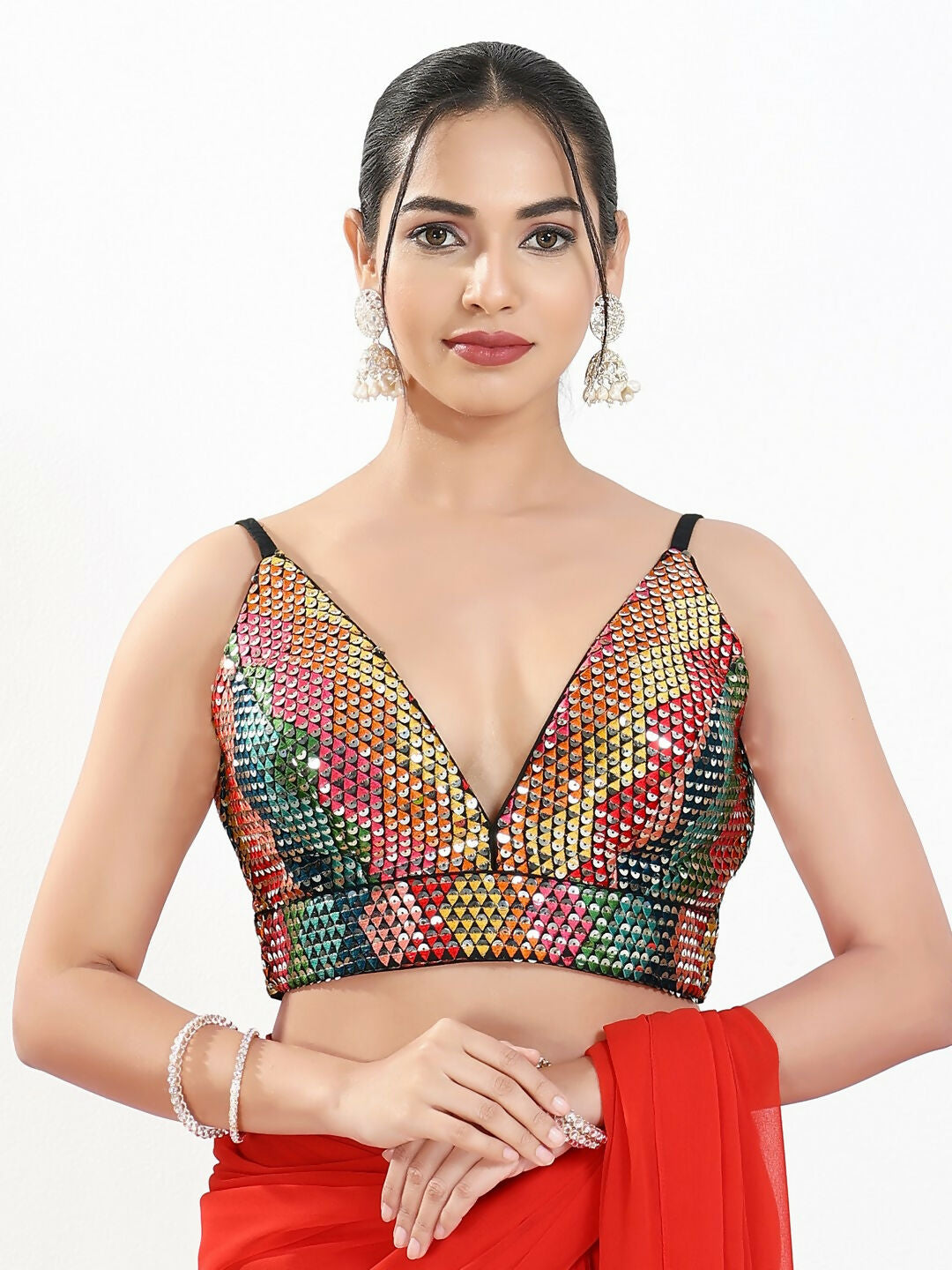 Joban Fashion Black Multi Sequin Padded Blouse With V Neck Sleeveless | Grocsy