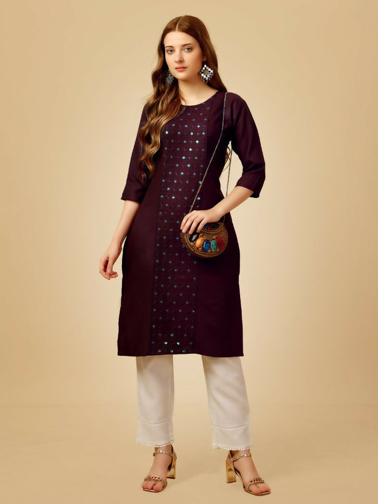 Jyoti Fashion Women's Wine Cotton Blend Embroidered Kurta Pant Set | Grocsy