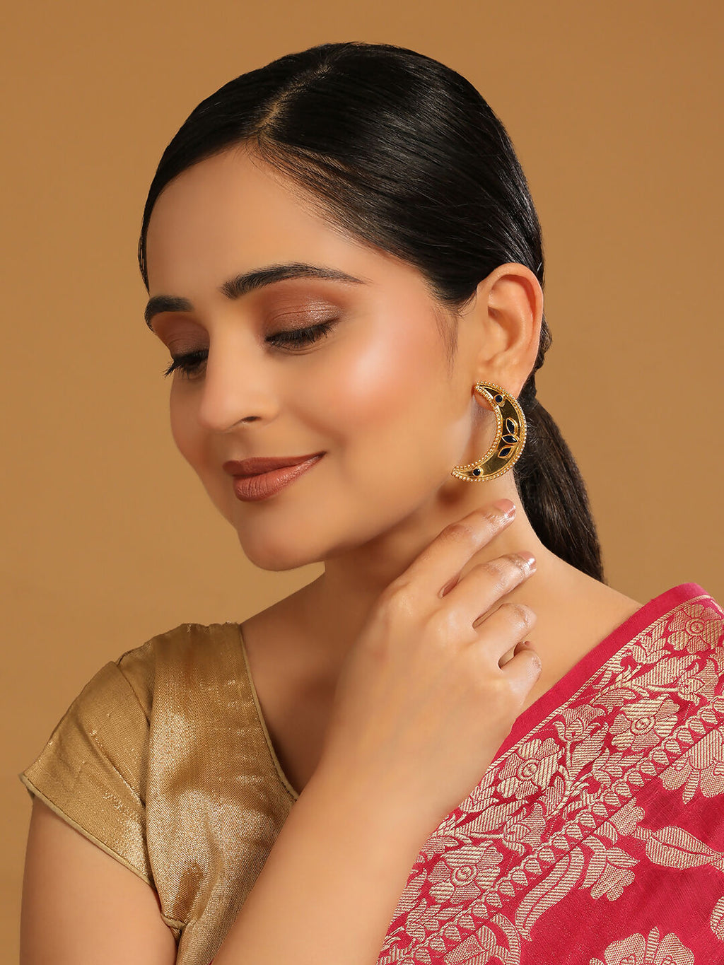 Nuyug 22K Gold-Plated Stone Studded Crescent Shaped Stud Earrings | Grocsy