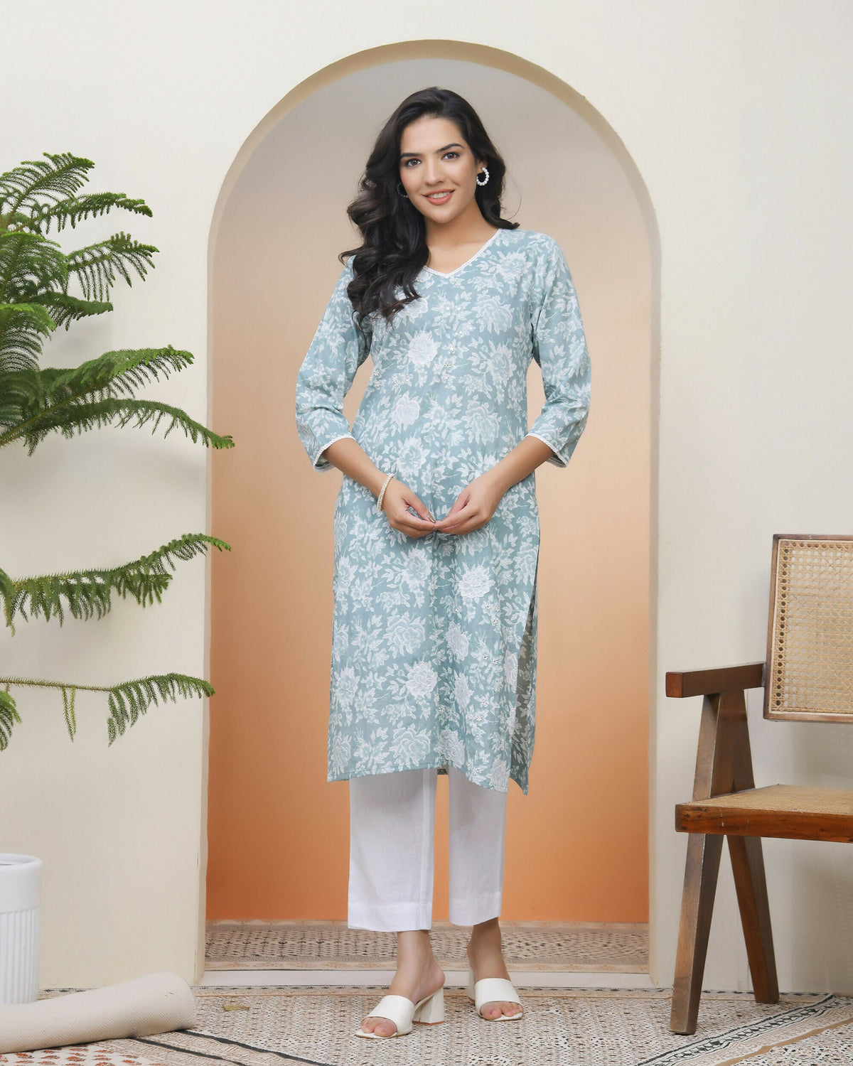 Vaasva Women Mint Cotton Printed Straight Kurti With Pant | Grocsy