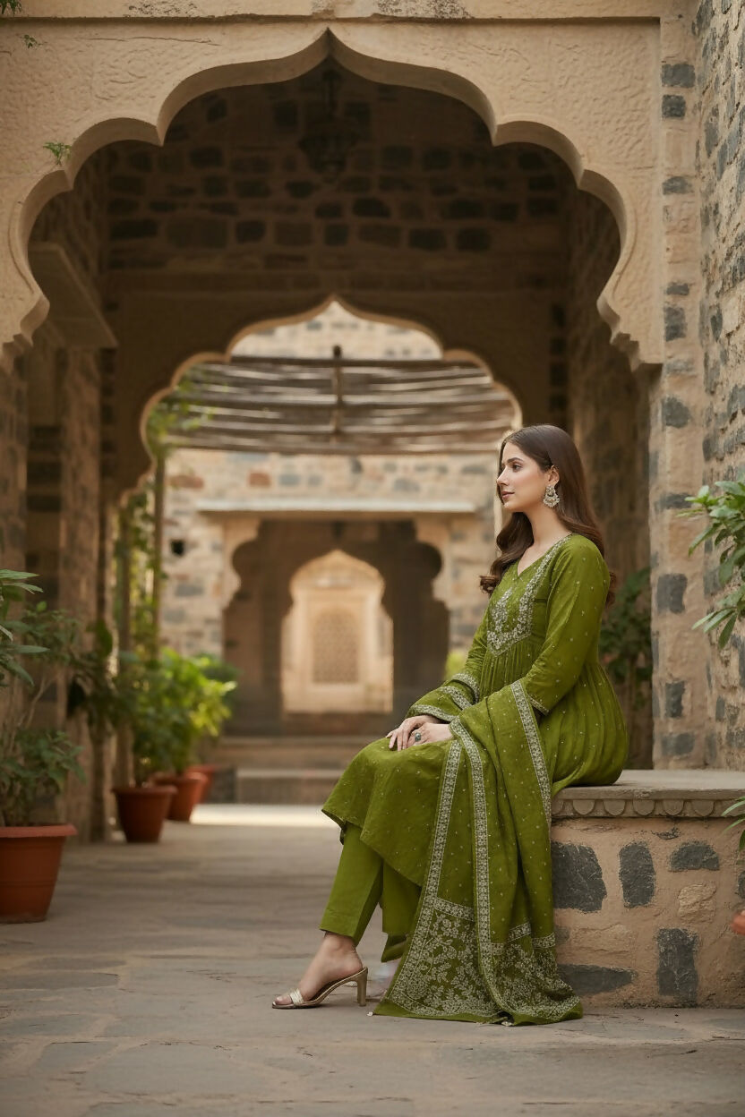 The52 Women's Beautiful Cotton Fabric Embroidery Work Flared Anarkali Pant and Dupatta Set | Grocsy