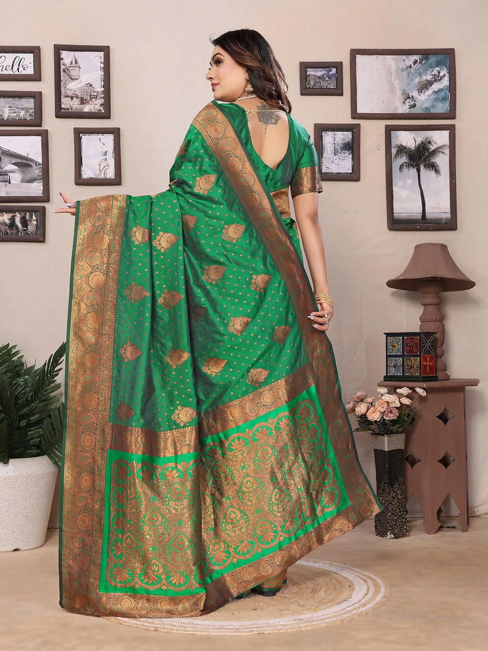 Joban Fashion Banarasi Green Woven Soft Silk Saree | Grocsy
