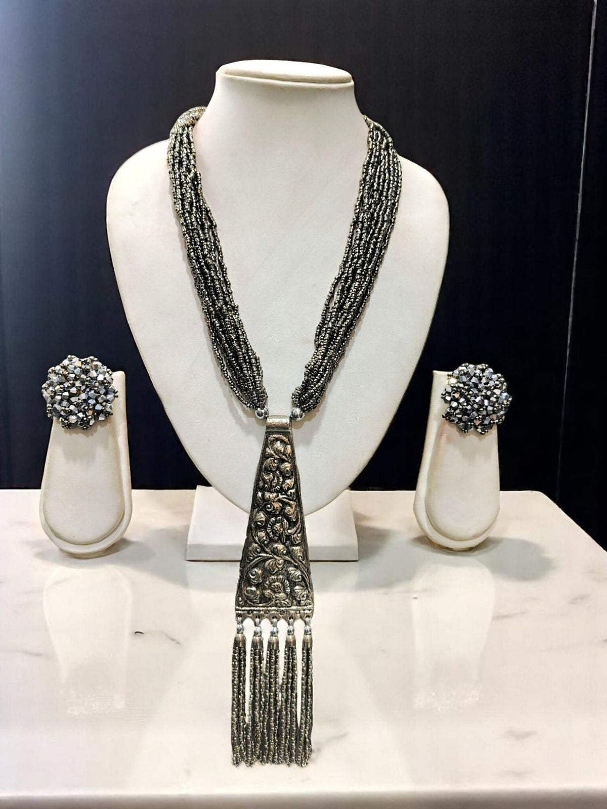Inhanns Day-To-Dinner Tie Shaped Oxidized Black Metal Multi-Layered Long Necklace Set - Gray | Grocsy